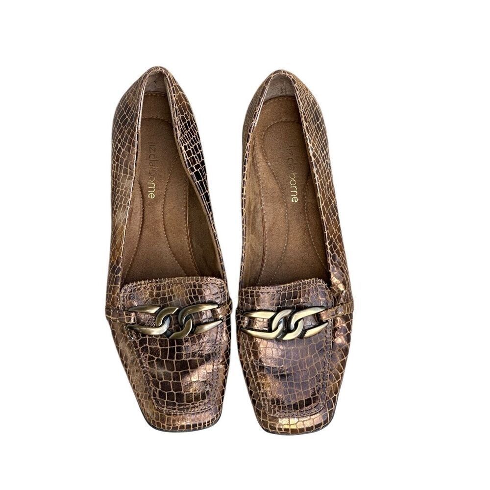 Liz Claiborne Bronze Metallic Croc Leather Loafers Chain Womens 8M